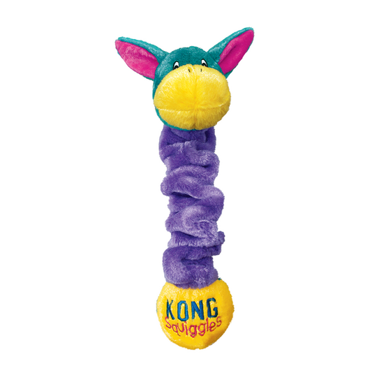 Colorful dog toy with purple scrunchie and yellow ball on a white background