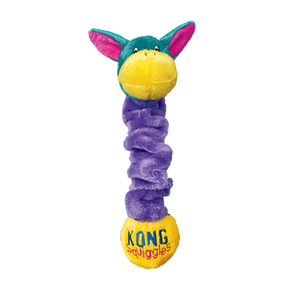 Colorful dog toy with purple scrunchie and yellow ball on a white background