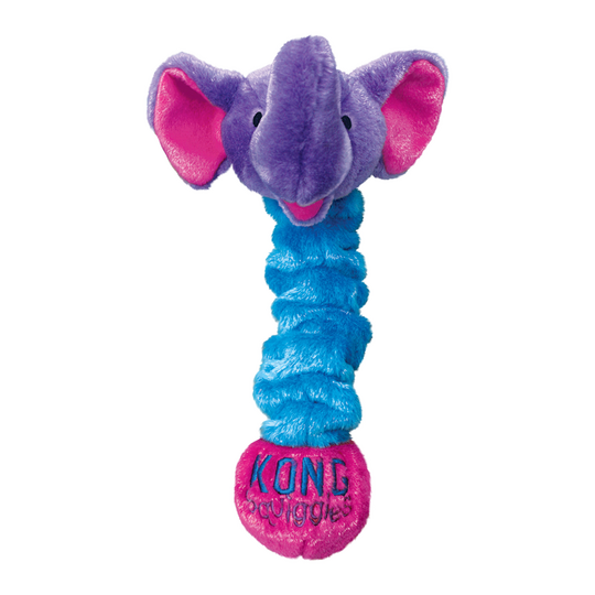 Plush elephant toy with blue and pink texture and 'KONG' branding on a white background