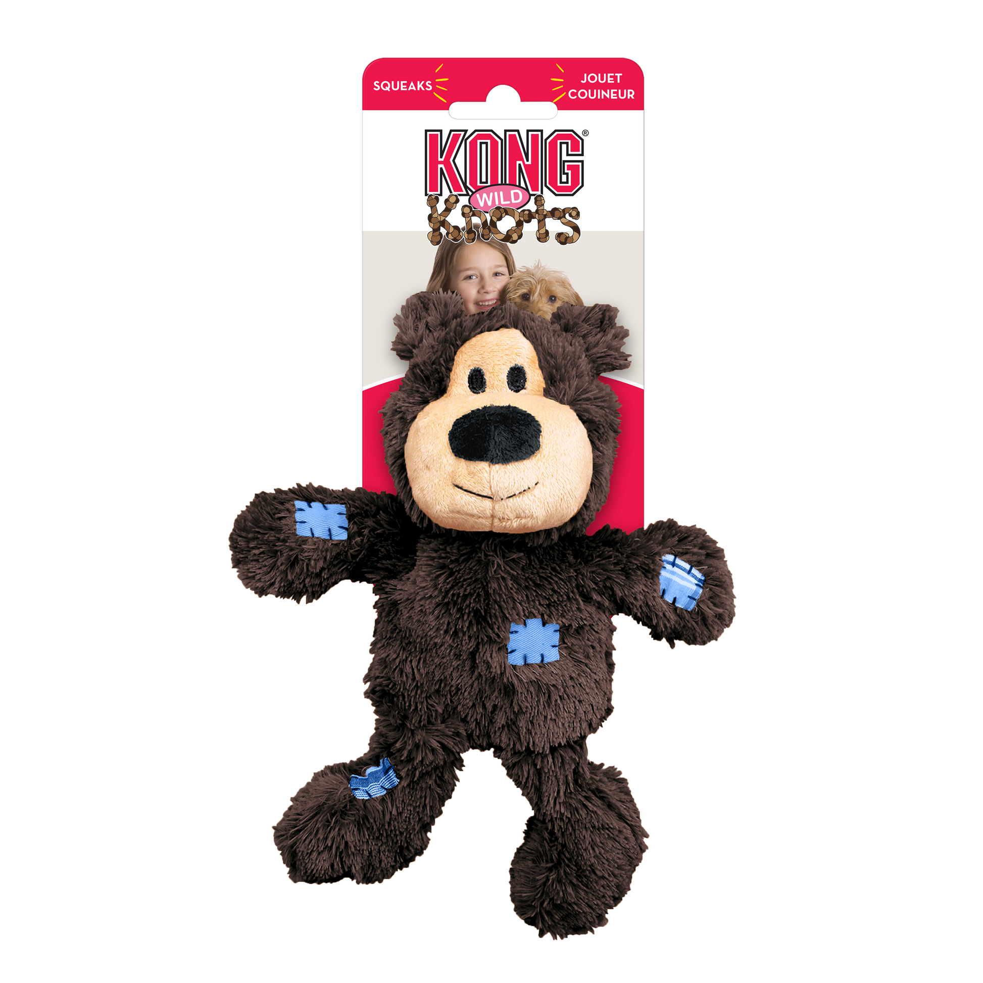 Brown plush toy with blue paw pads on a white background