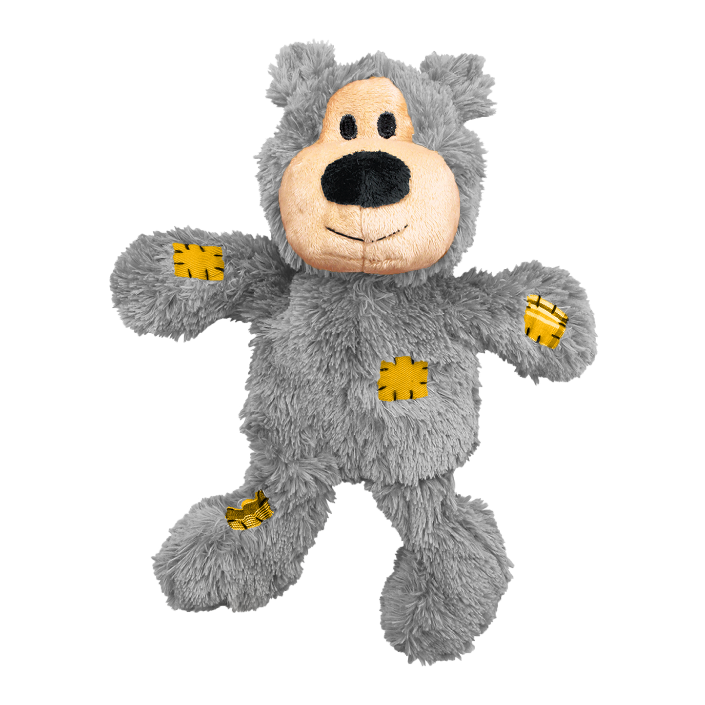 Gray plush toy with a bear-like design on a white background
