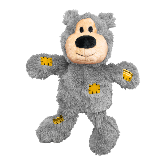 Gray plush toy with a bear-like design on a white background