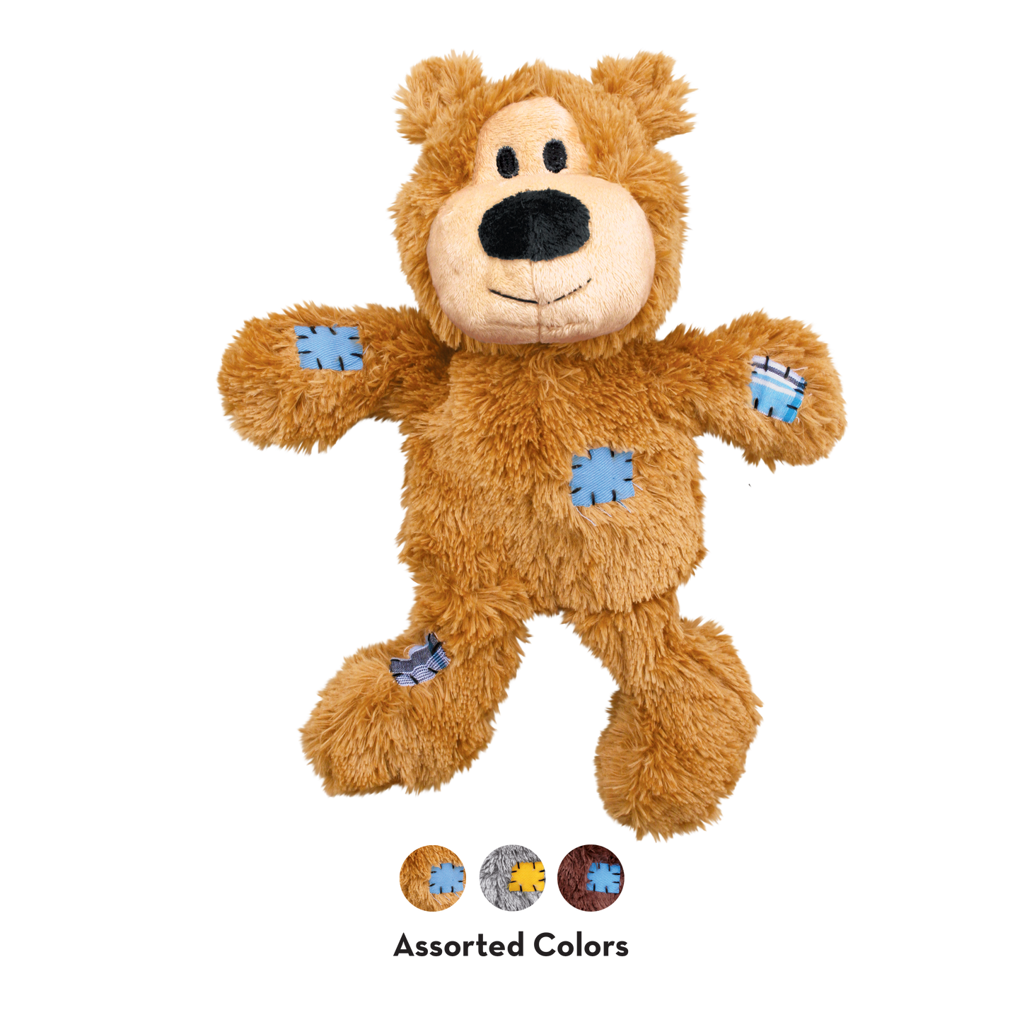 Plush toy bear with blue patches on a white background