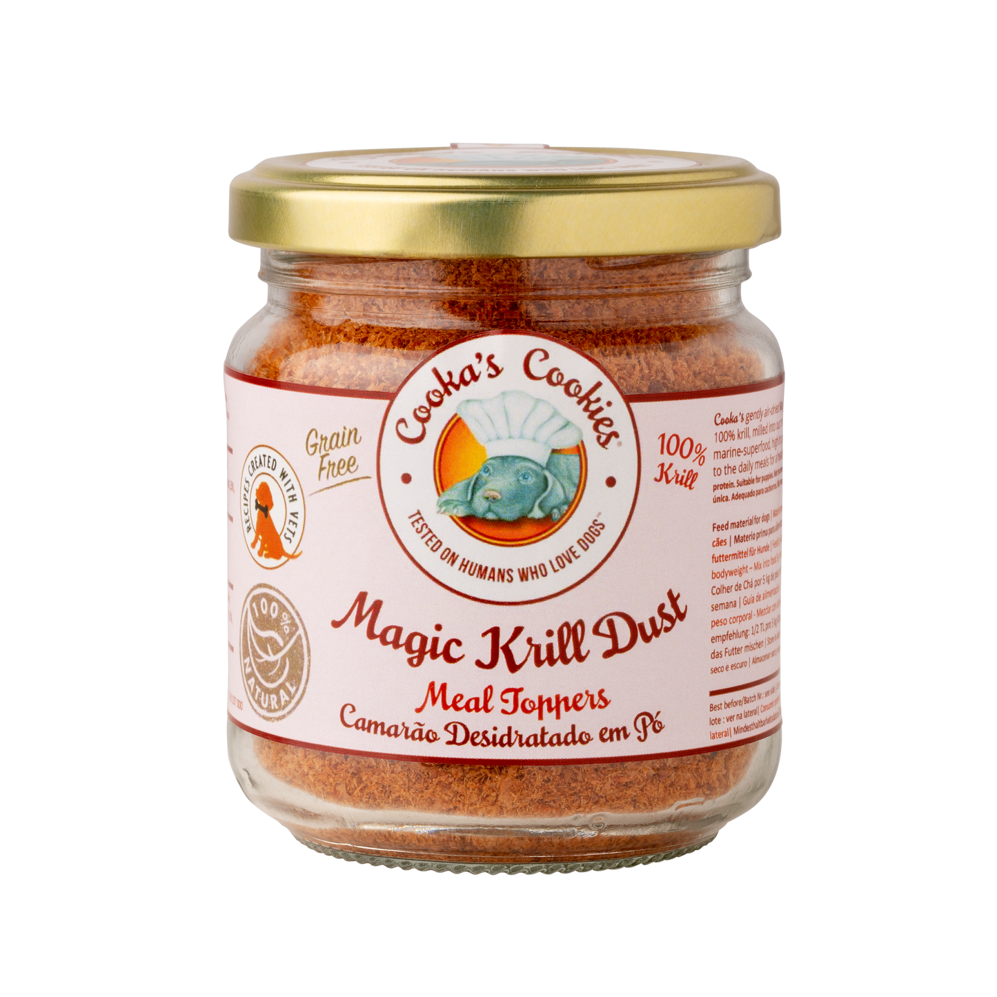 Jar of 'Magic Krill Dust' meal toppers with a gold lid on a white background