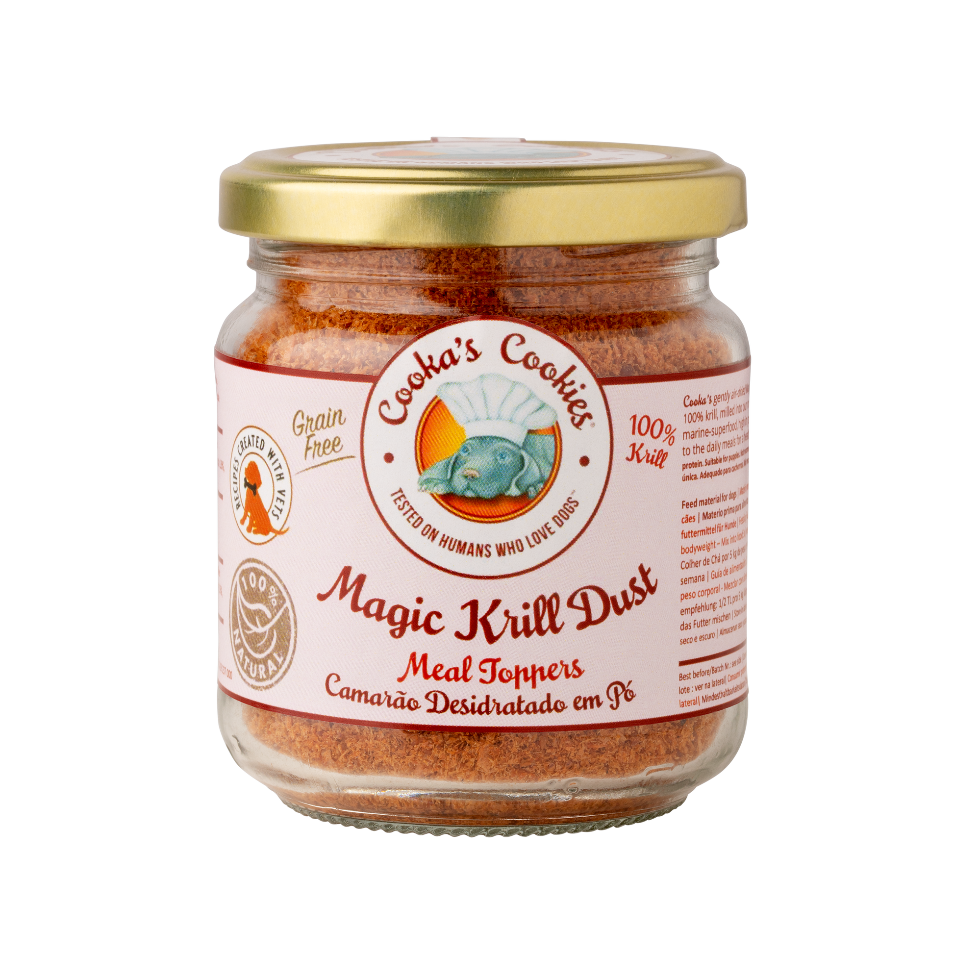 Jar of 'Magic Krill Dust' meal toppers with a gold lid on a white background