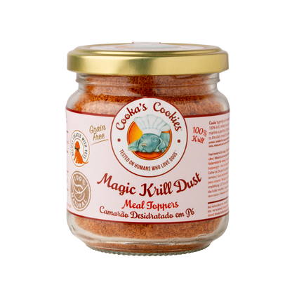 Jar of 'Magic Krill Dust' meal toppers with a gold lid on a white background