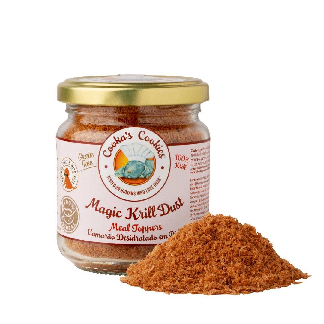 Jar of 'Magic Krill Dust' with a gold lid on a white background