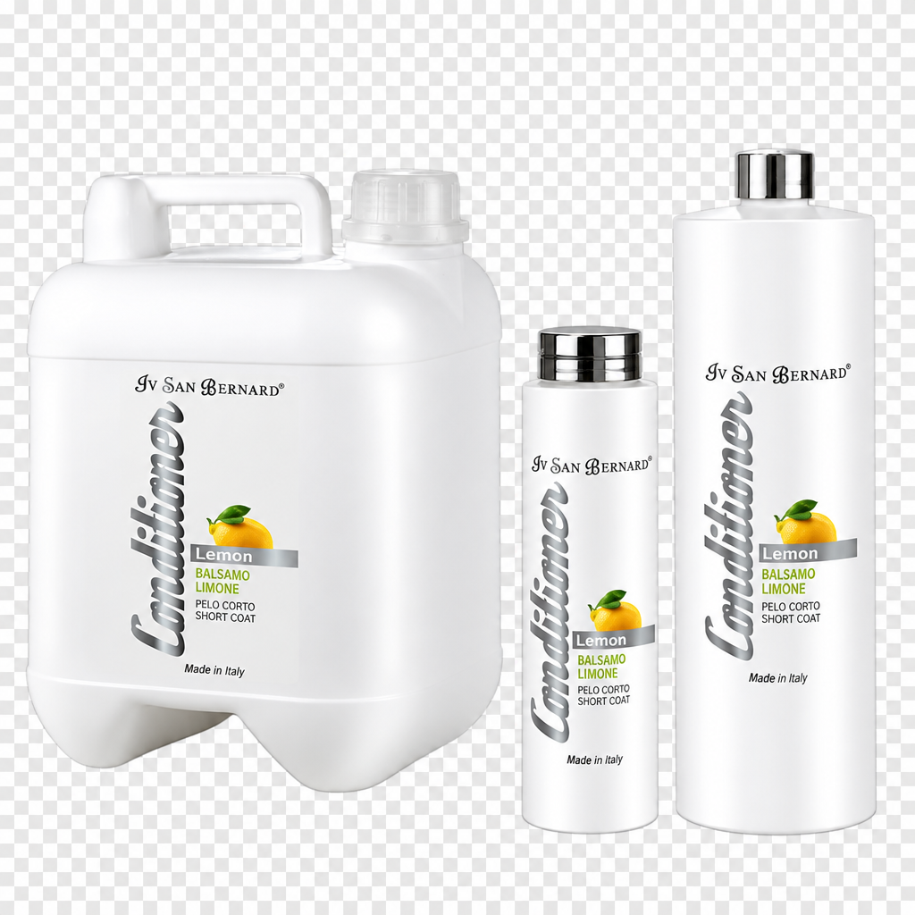 Three white bottles of San Bernardino Conditioner Balsaмо Lemon in different sizes (large plastic jug, medium bottle, and tall bottle with silver caps) on a transparent checkered background.