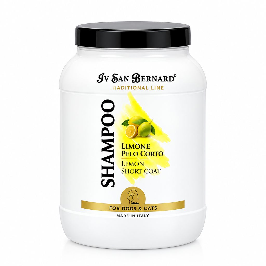 A white plastic tub of Iv San Bernard Traditional Line Shampoo for dogs and cats, with a black lid and a lemon short coat scent label featuring yellow and green lemon graphics.
