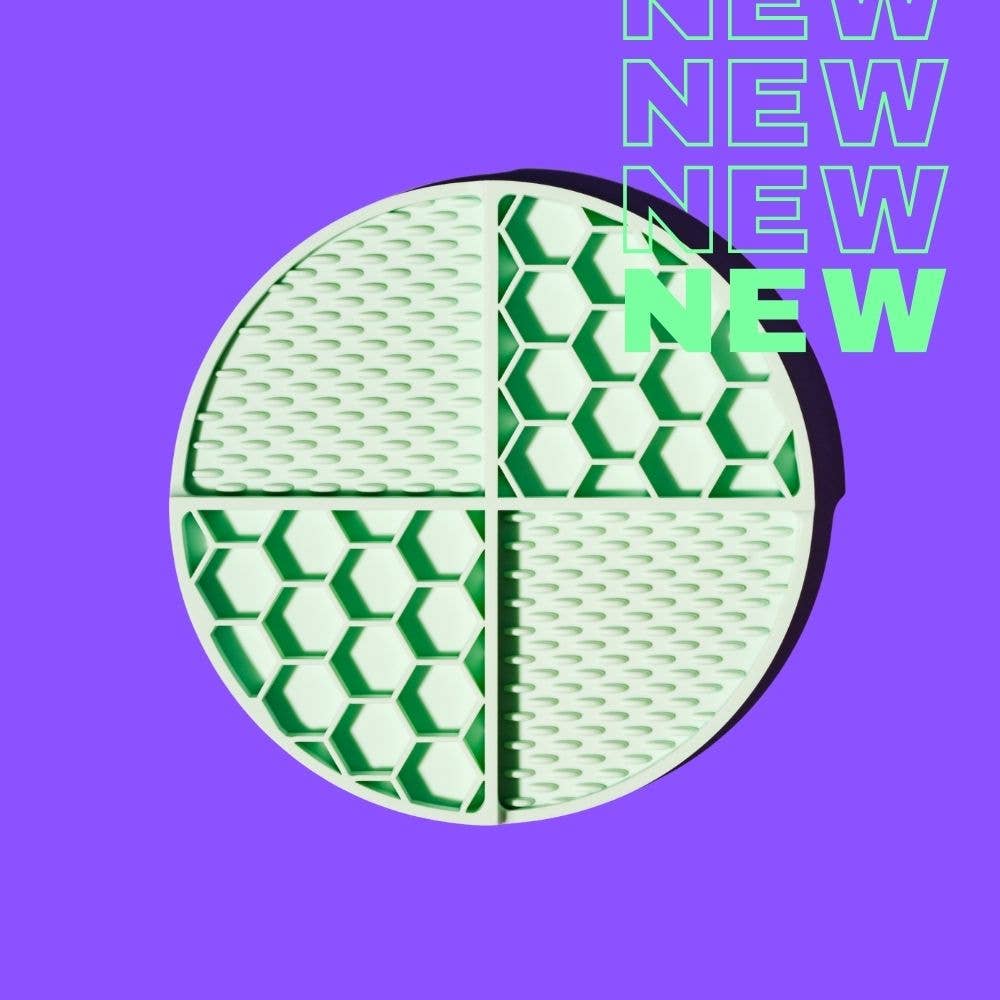 Makeup palette with green and white patterns on a purple background with 'NEW' text.