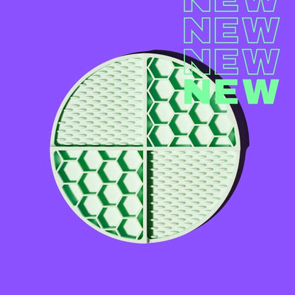 Makeup palette with green and white patterns on a purple background with 'NEW' text.