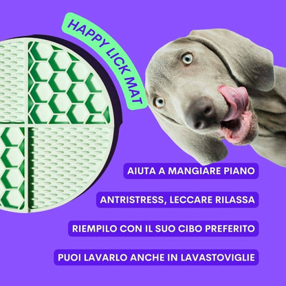 Happy Lick Mat with a dog licking its nose on a purple background