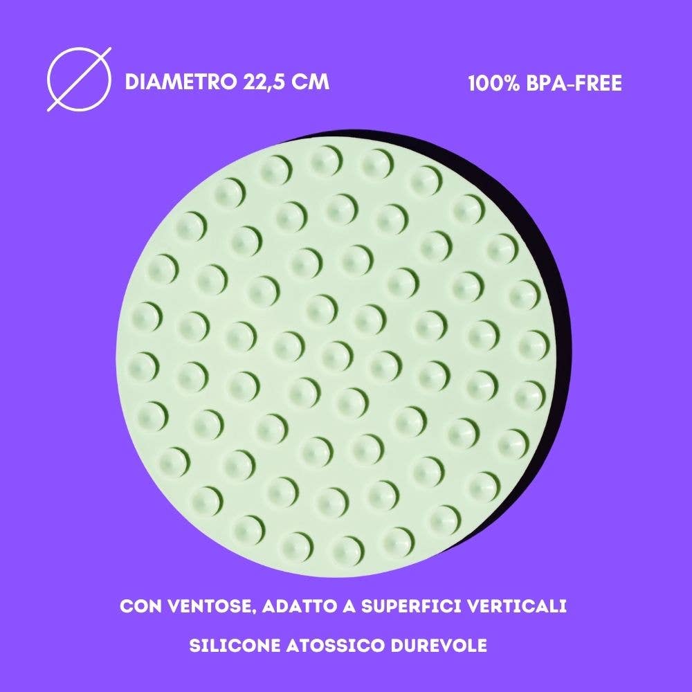 Circular silicone mat with textured surface on a purple background, featuring text about dimensions and material.