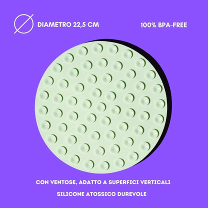 Circular silicone mat with textured surface on a purple background, featuring text about dimensions and material.