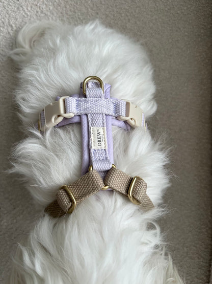 Adjustable Padded Dog Harness PRO Lilac – Dual Clip, Brass Details