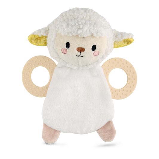 Plush lamb toy with teething rings on a white background