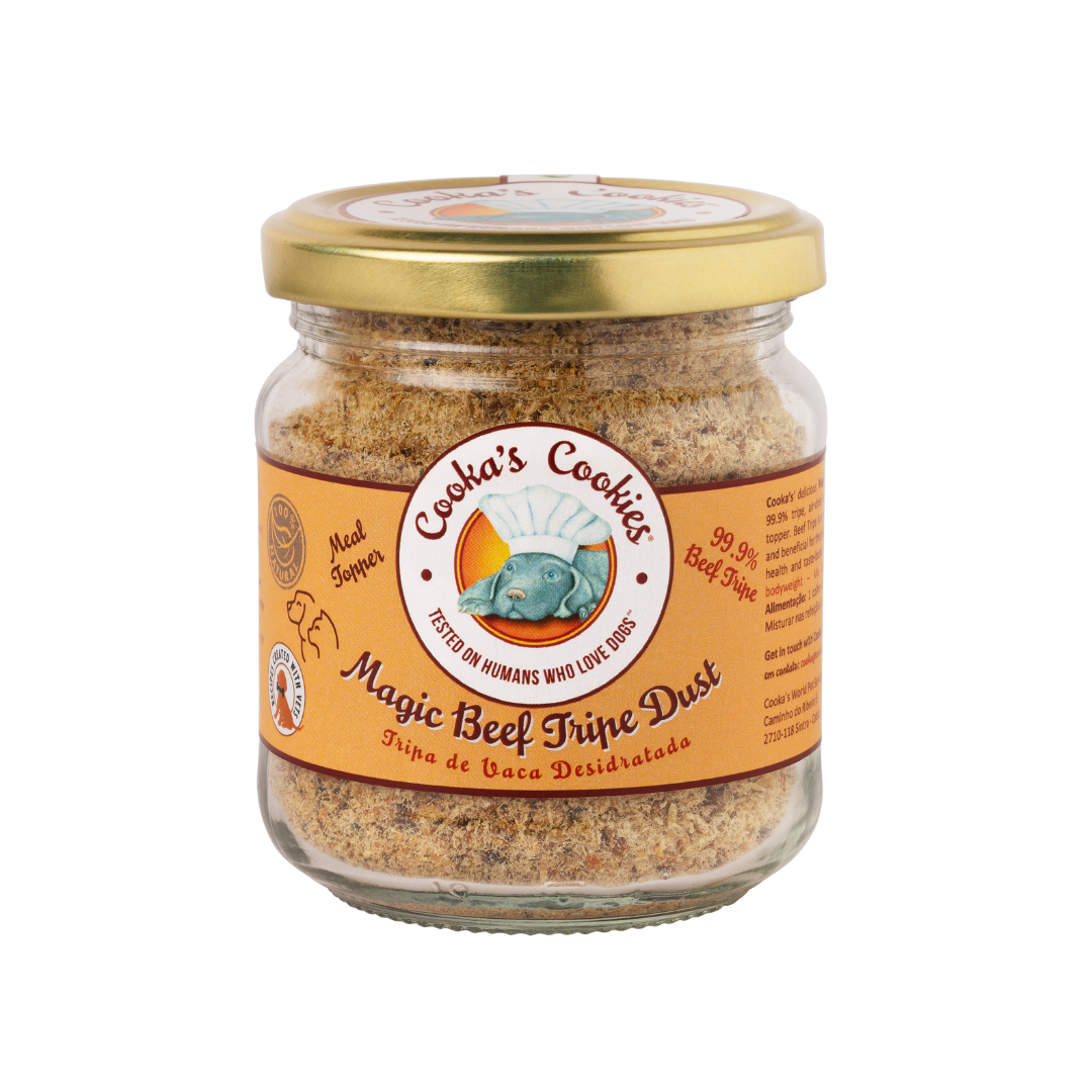 Jar of 'Magic Beef Fine Dust' with a gold lid on a white background