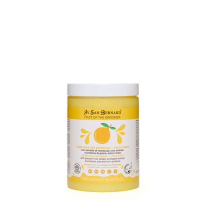 A 250 ml plastic jar of Iv San Bernard Fruit of the Groomer in lemon scent, featuring a yellow label with an orange graphic and a white lid, set against a plain white background.