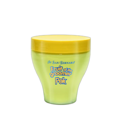 Yellow container with a yellow lid labeled 'Fruit of the Groomer Pek' on a white background
