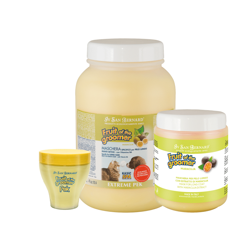 Three Iv San Bernard dog mask products on a white background: a large jar of Fruit of the Groomer Passionfruit mask, a smaller jar of Fruit of the Groomer Maracuja, and a small jar of Fruit of the Groomer Peony.