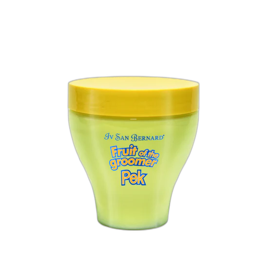 Yellow container with a yellow lid labeled 'Fruit of the Groomer Pek' on a white background