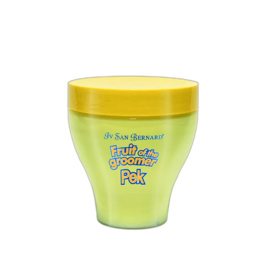 Yellow container with a yellow lid labeled 'Fruit of the Groomer Pek' on a white background