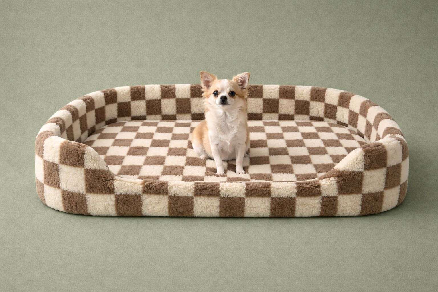 A small chihuahua sits centered in a plush oval pet bed with a brown and cream checkered pattern, set against a solid sage green background.
