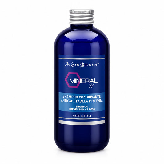 A dark blue bottle of Iv San Bernard Mineral HA shampoo for dogs with a silver cap and a blue label, shown on a plain white background.