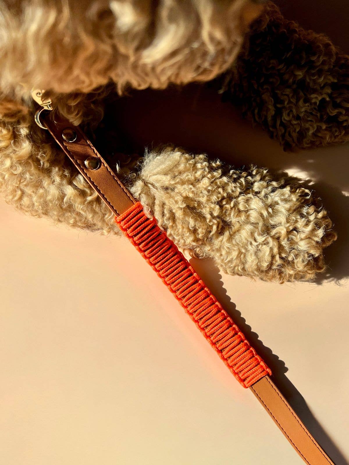 Close-up of a strap with orange woven pattern and brown leather edge on a textured beige background