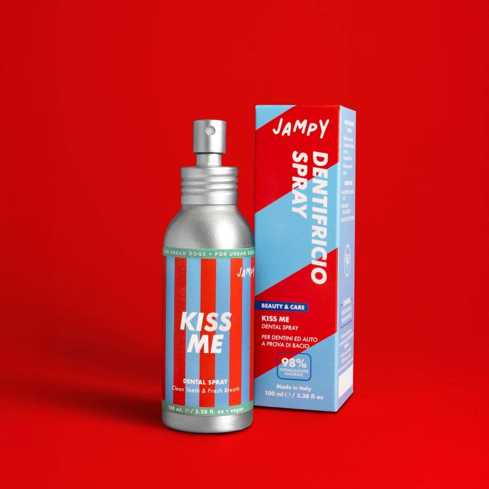 Jampy Dentifricio spray bottle and packaging on a red background