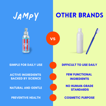 Comparison chart between Jampy and other brands with product images and text on a blue and yellow background.