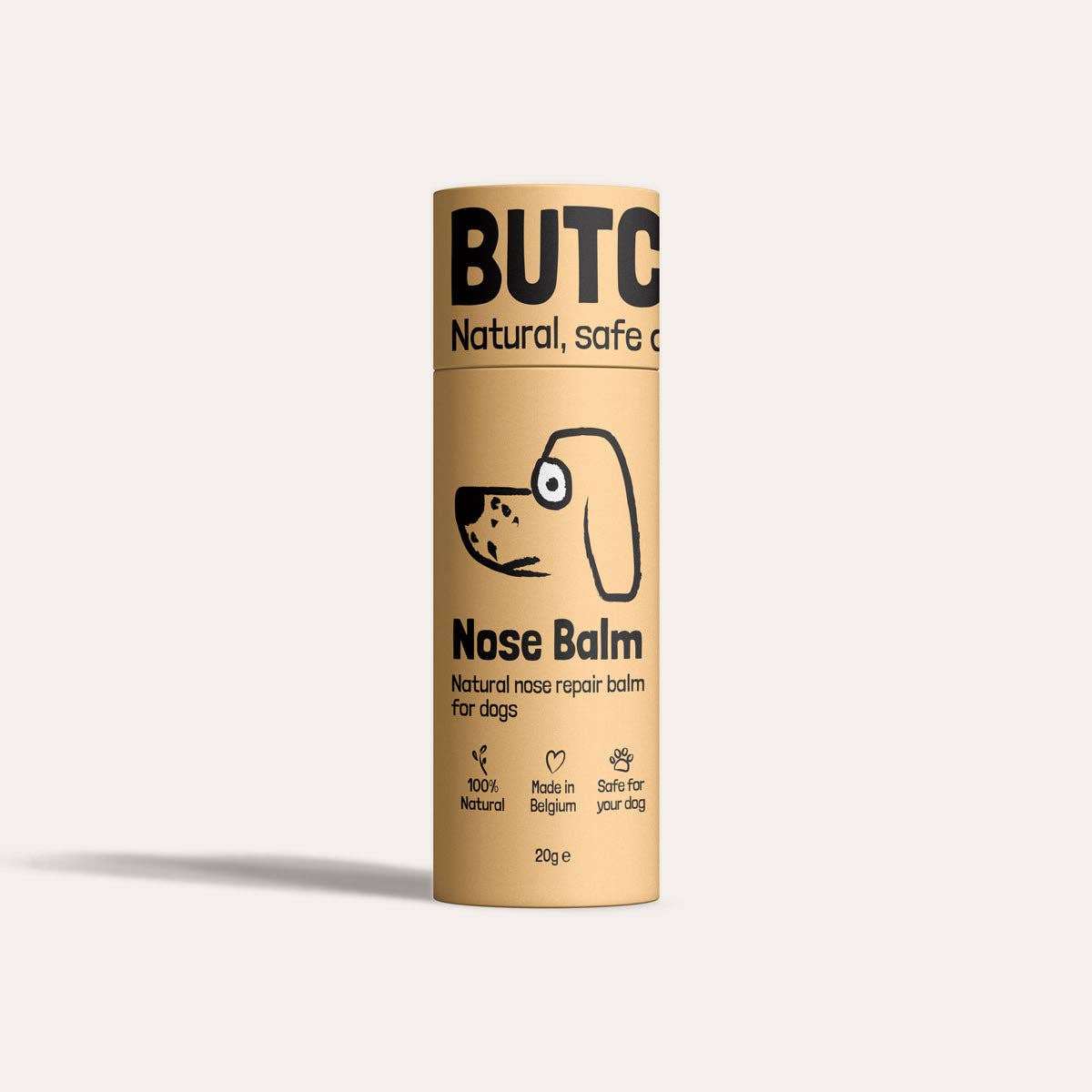 Butch Nose Balm packaging for dogs on a beige background