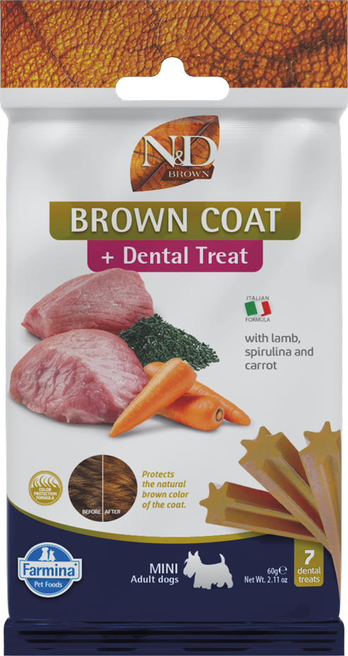 Dog treat package for brown coat and dental care with visible ingredients on a white background