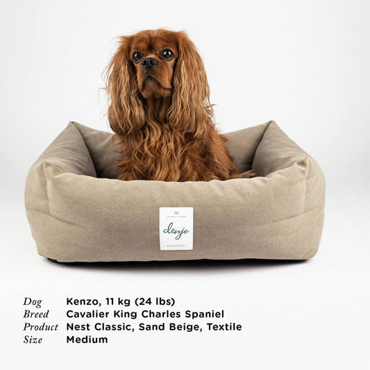 Dog sitting on a beige pet bed with a visible brand label, on a white background.
