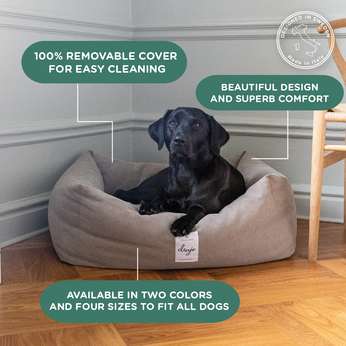 Dog lying on a beige pet bed with text highlighting features, in a room setting.