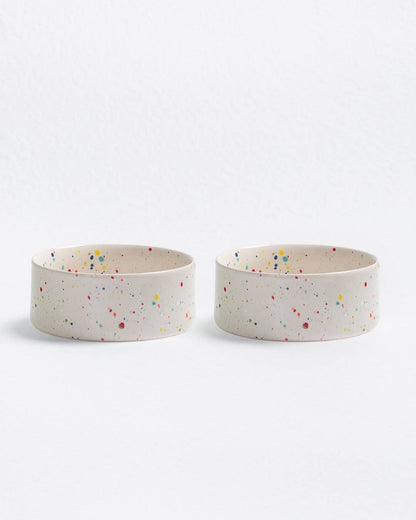 Two ceramic bowls with colorful speckles on a white background