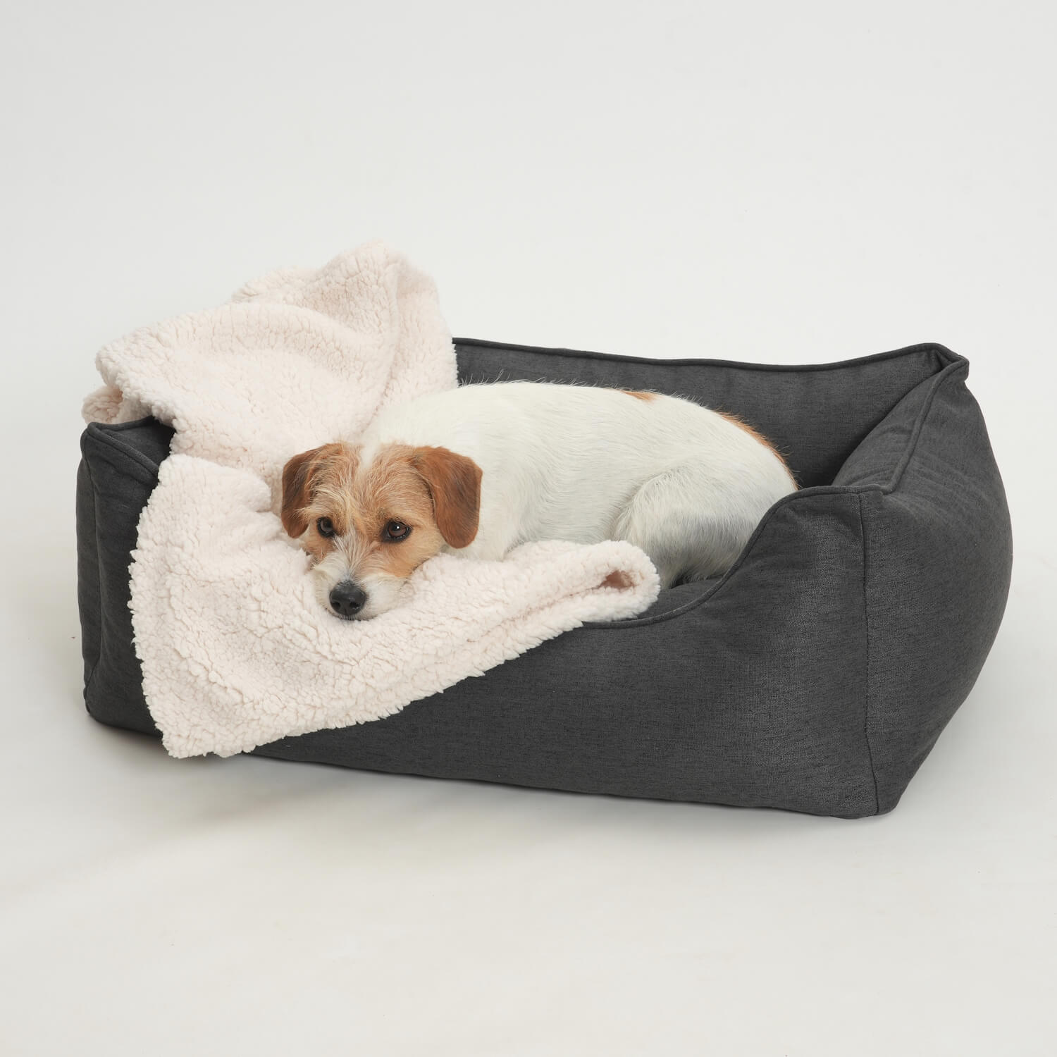 Dog lying in a gray pet bed with a white fluffy blanket on a light background