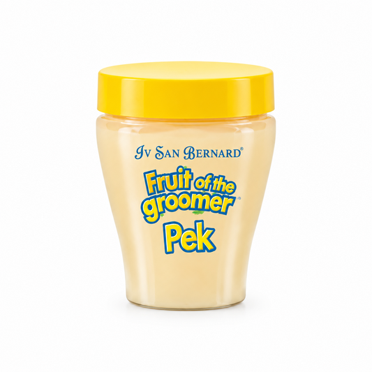 A jar of Iv San Bernard Fruit of the Groomer Pek grooming mask with a bright yellow lid and pale cream-colored product inside, set against a plain white background.