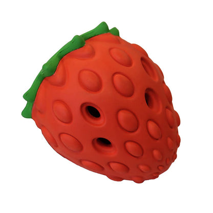 Red strawberry-shaped toy with green leaves on a white background