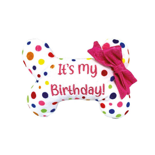Polka dot pillow with 'It's my Birthday!' text and a pink bow on a white background
