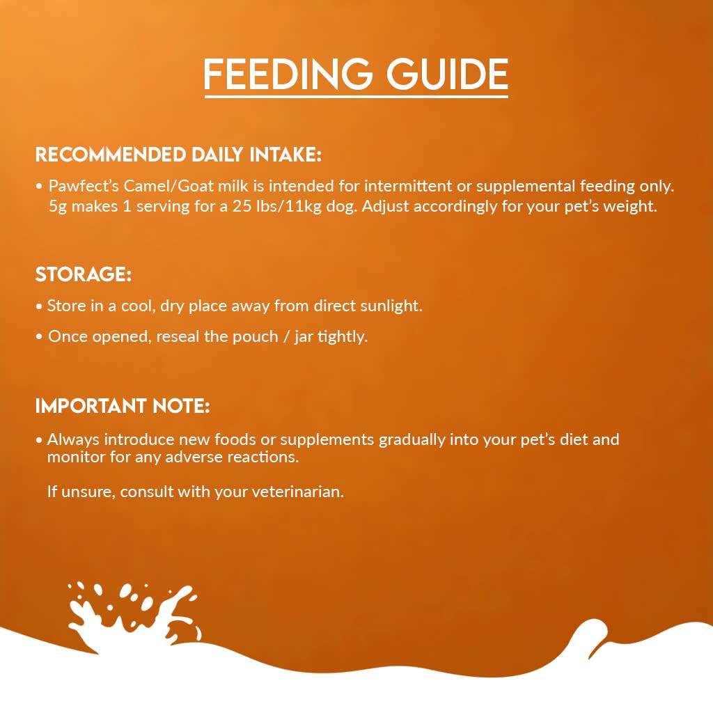 Feeding guide for Pawfect's Camel/Goat milk on an orange background