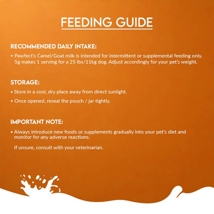 Feeding guide for Pawfect's Camel/Goat milk on an orange background