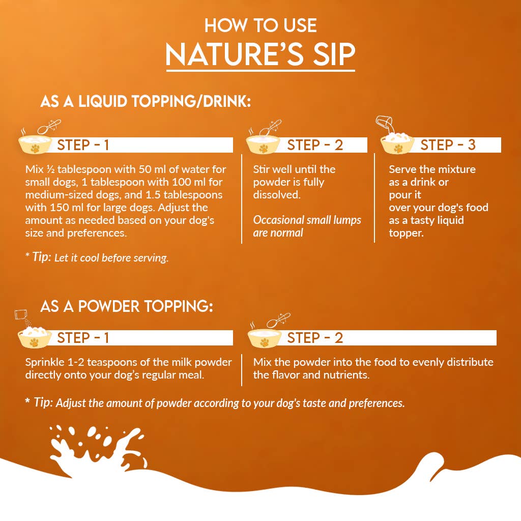 Instructions on how to use 'Nature's Sip' for dogs on an orange background