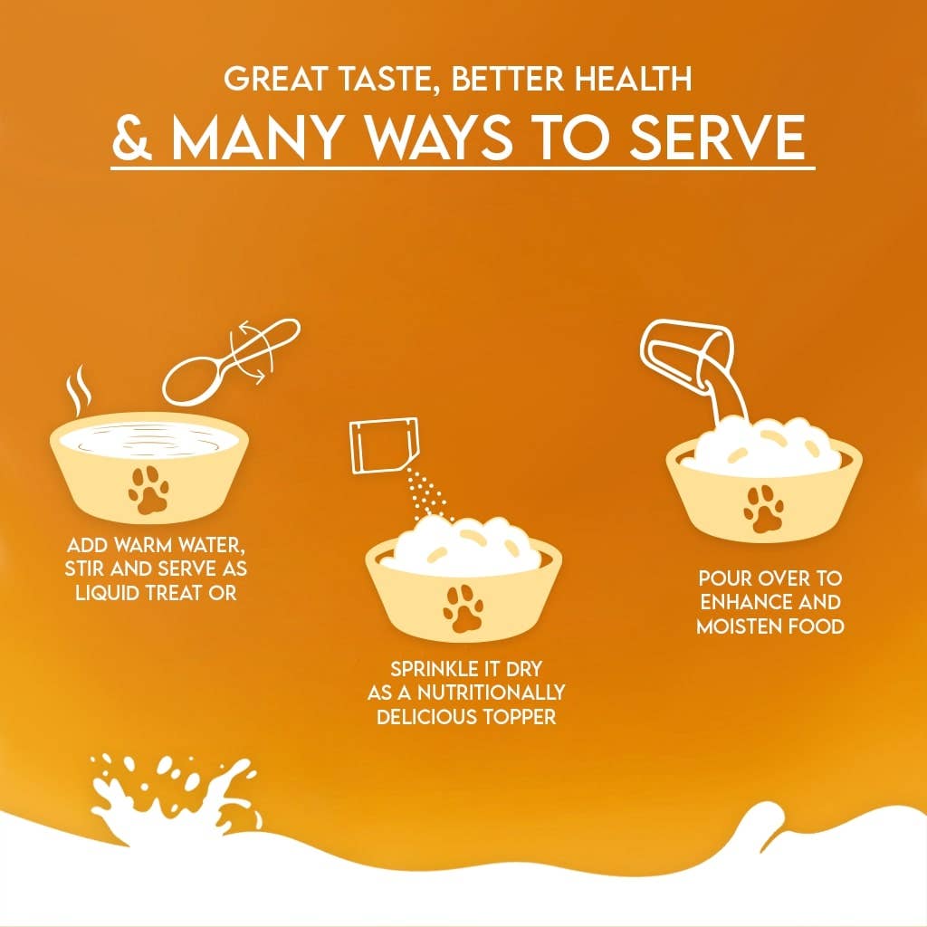 An orange informational graphic with white text and line drawings showing how to serve pet food. The headline reads 'GREAT TASTE, BETTER HEALTH & MANY WAYS TO SERVE,' with three illustrated bowls of food and serving suggestions below.
