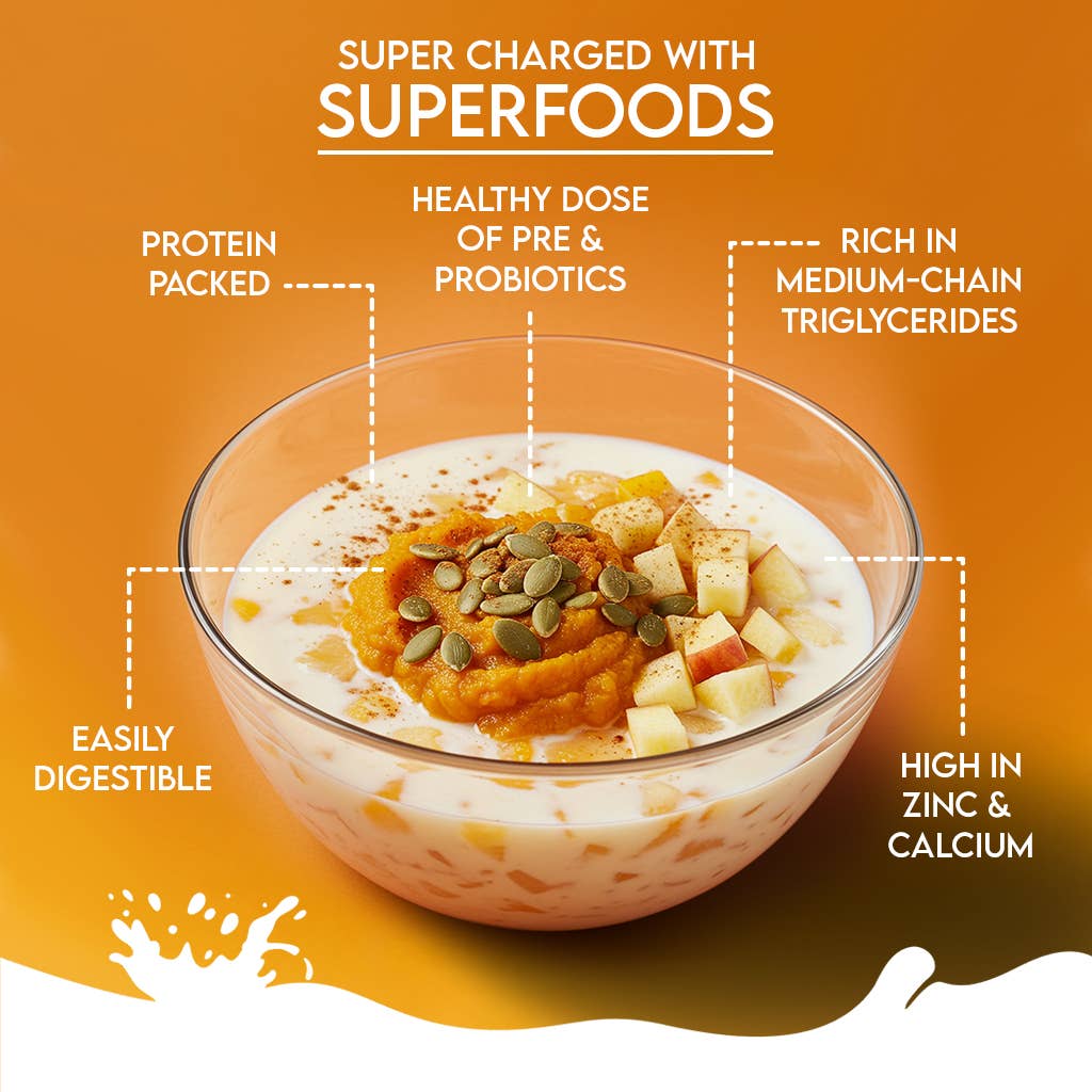 Glass bowl with a healthy snack on an orange background with text about superfoods.