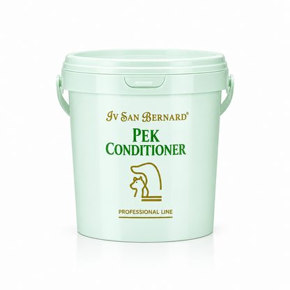 A light mint green plastic bucket of Iv San Bernard Pek Conditioner with gold and green lettering, set against a clean white background.