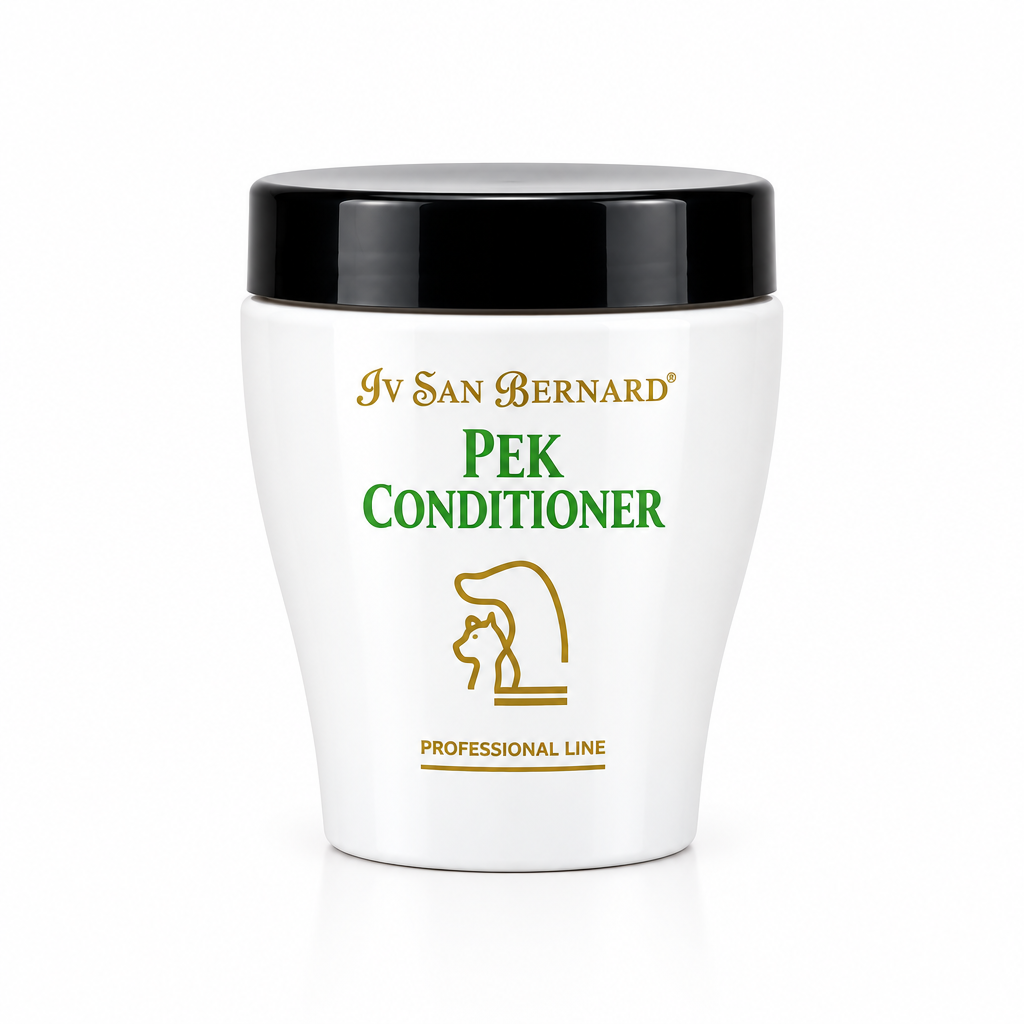 A white plastic jar of Iv San Bernard Pek Conditioner with a black lid, featuring green and gold text and logo on the front, set against a plain white background.