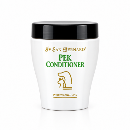 A white plastic jar of Iv San Bernard Pek Conditioner with a black lid, featuring green and gold text and logo on the front, set against a plain white background.