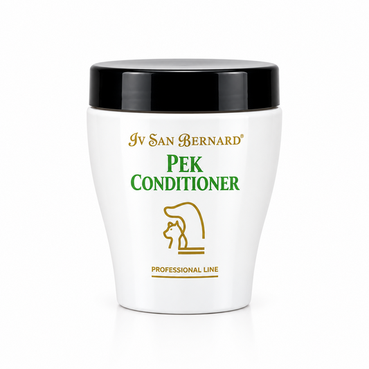 A white plastic jar of Iv San Bernard Pek Conditioner with a black lid, featuring green and gold text and logo on the front, set against a plain white background.