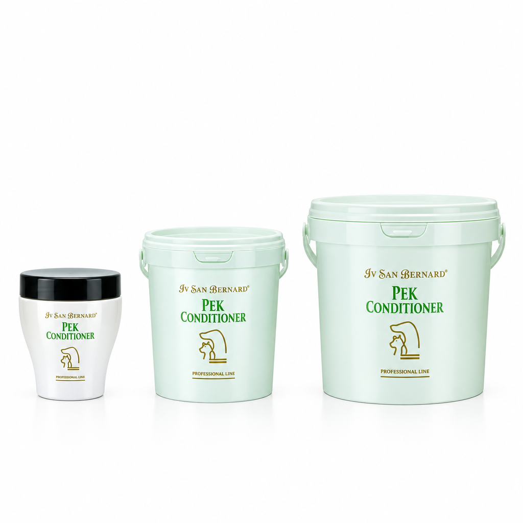 Three light mint green plastic buckets of Iv San Bernard Pek Conditioner in graduated sizes, arranged from smallest to largest on a white background.